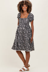 Black Floral Pleated Bodice Puff Sleeve Maternity Dress