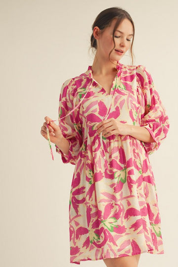 Fuchsia Abstract Floral Front Tie 3/4 Sleeve Dress