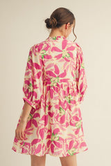 Fuchsia Abstract Floral Front Tie 3/4 Sleeve Dress