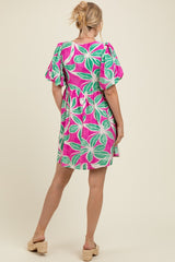 Fuchsia Floral Front Tie Puff Sleeve Maternity Dress