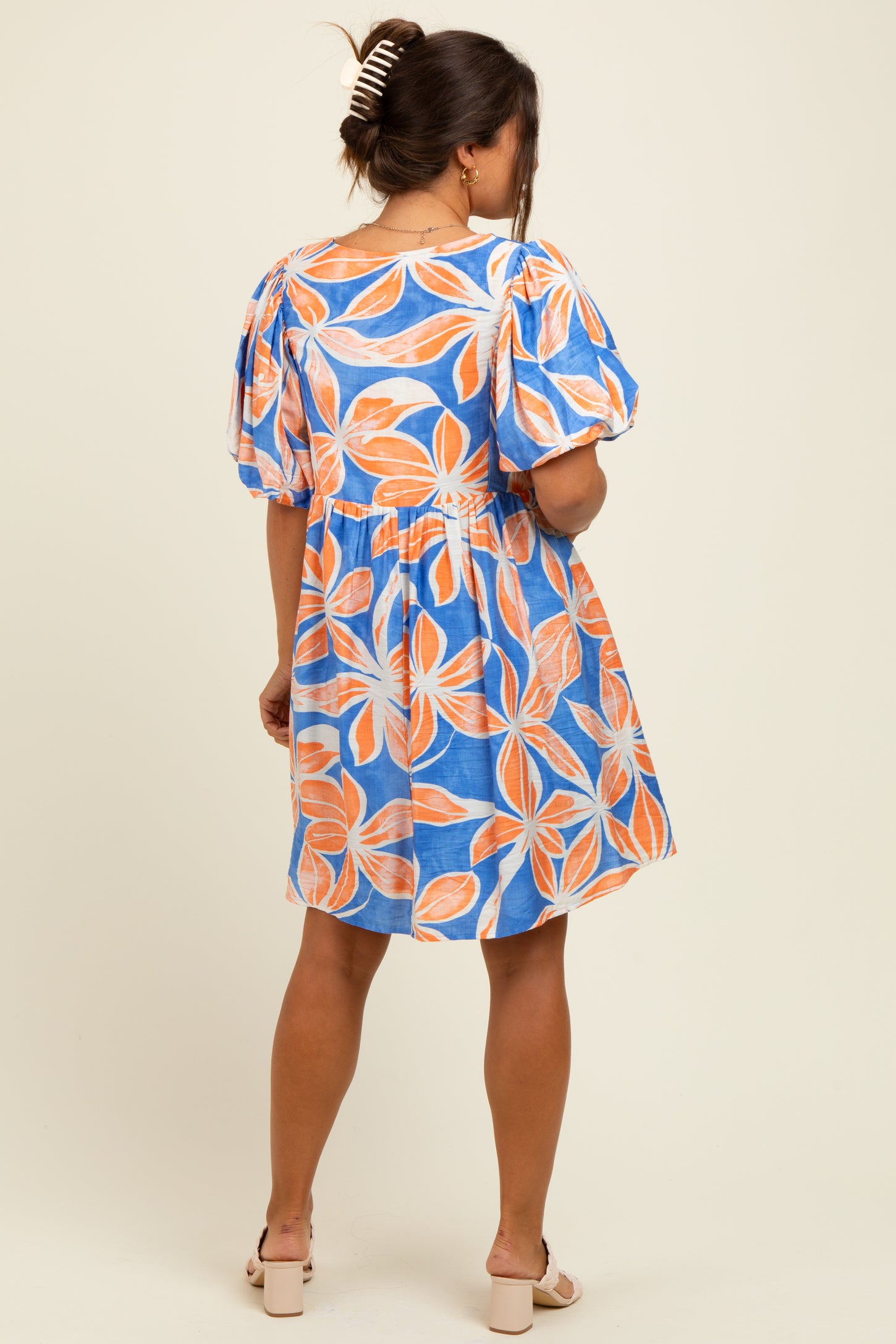 Royal Blue Floral Front Tie Puff Sleeve Maternity Dress