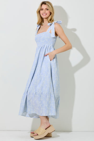 Blue Floral Smocked Shoulder Tie Midi Dress