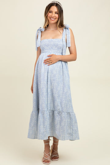 Blue Floral Smocked Shoulder Tie Maternity Midi Dress