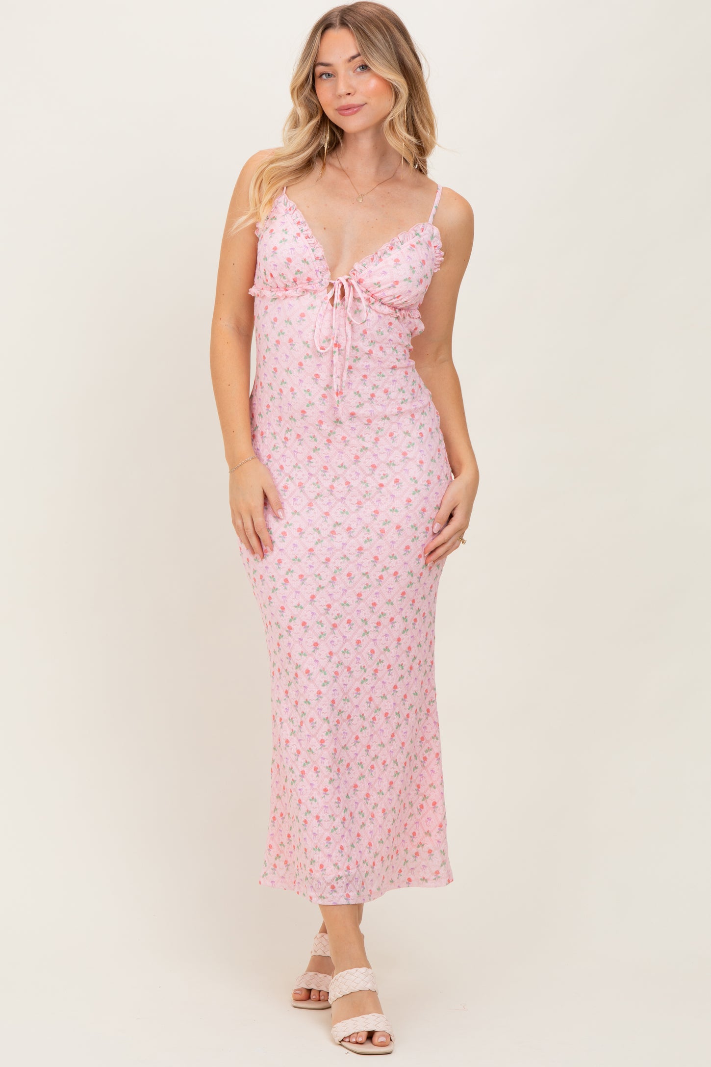 Light Pink Rose Print Jacquard Front Tie Cutout Maternity Maxi Dress