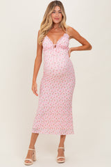 Light Pink Rose Print Jacquard Front Tie Cutout Maternity Maxi Dress