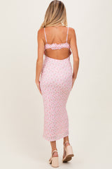 Light Pink Rose Print Jacquard Front Tie Cutout Maternity Maxi Dress