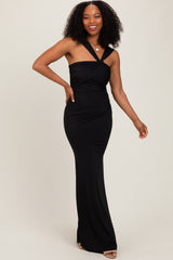 Black Twist Front Ruched Maxi Dress