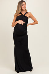 Black Twist Front Ruched Maternity Maxi Dress