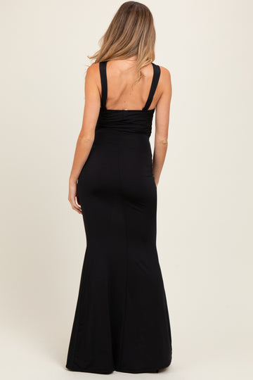 Black Twist Front Ruched Maternity Maxi Dress