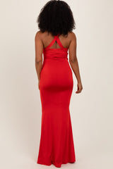 Red Twist Front Ruched Maxi Dress