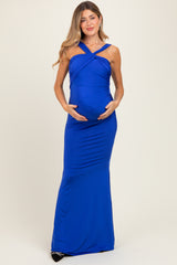 Royal Blue Twist Front Ruched Maternity Maxi Dress