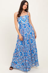 Blue Printed Sleeveless Maxi Dress