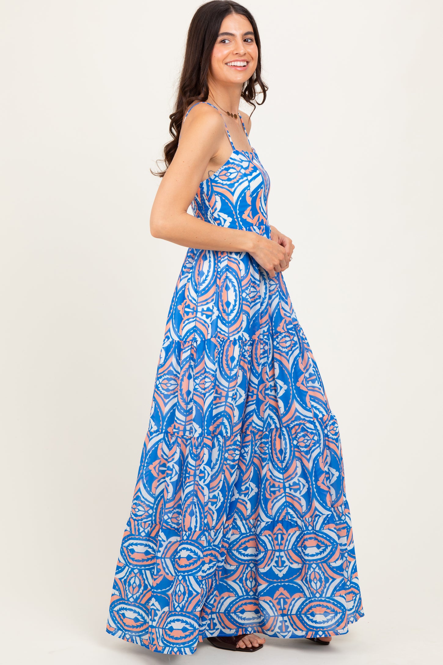 Blue Printed Sleeveless Maxi Dress