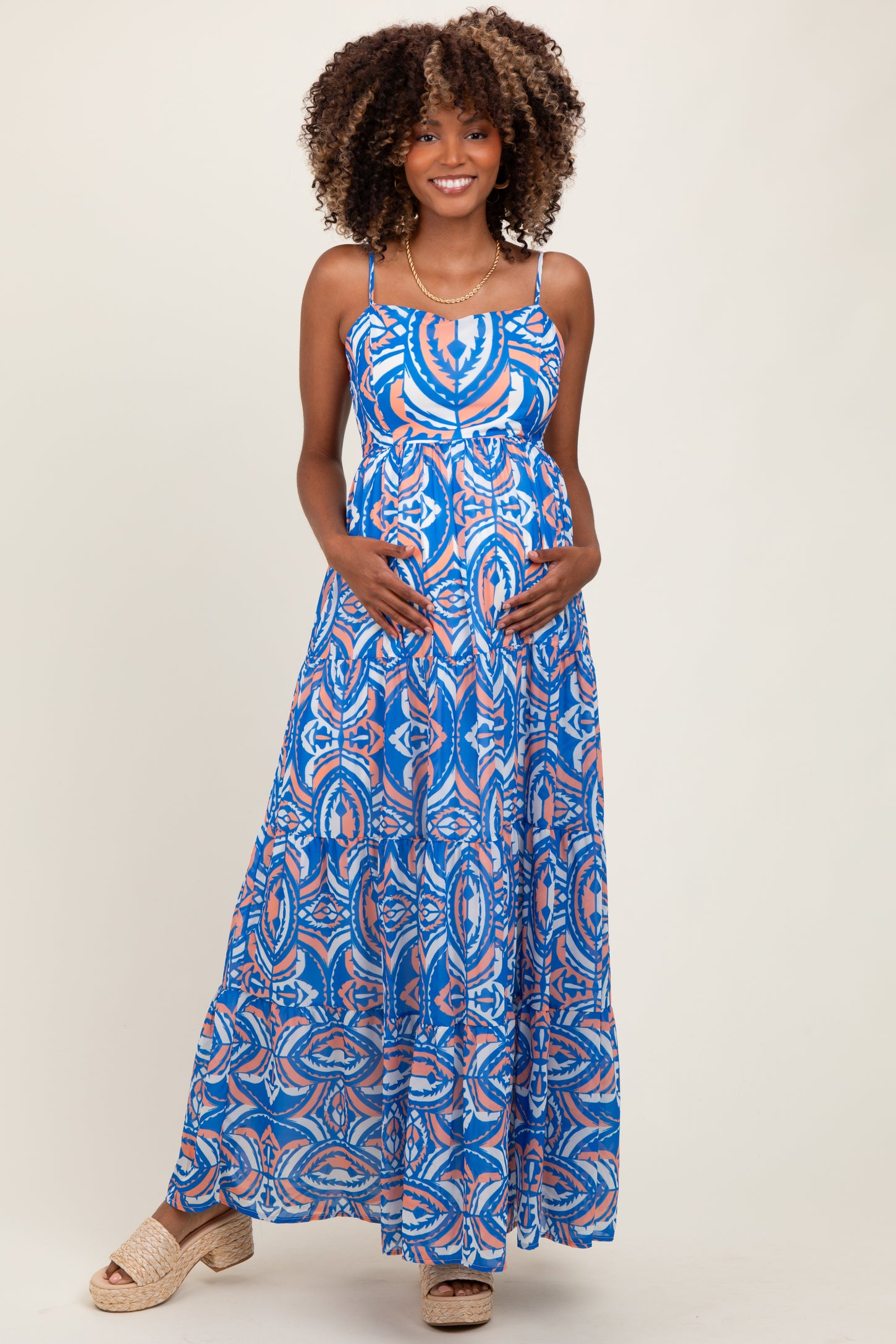 Blue Printed Sleeveless Maternity Maxi Dress