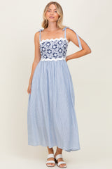 Blue Striped Floral Lace Sleeveless Midi Dress