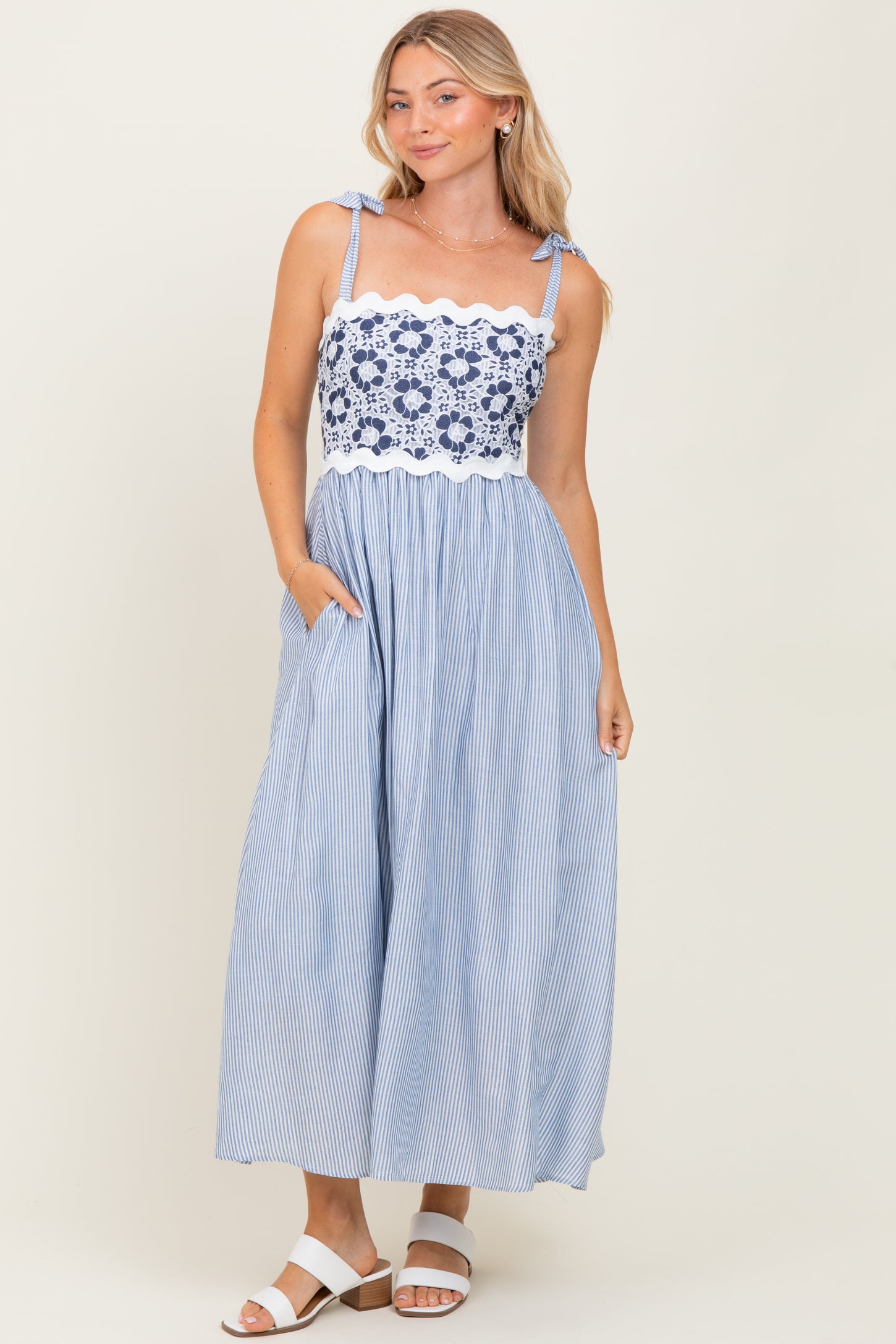 Blue Striped Floral Lace Sleeveless Midi Dress