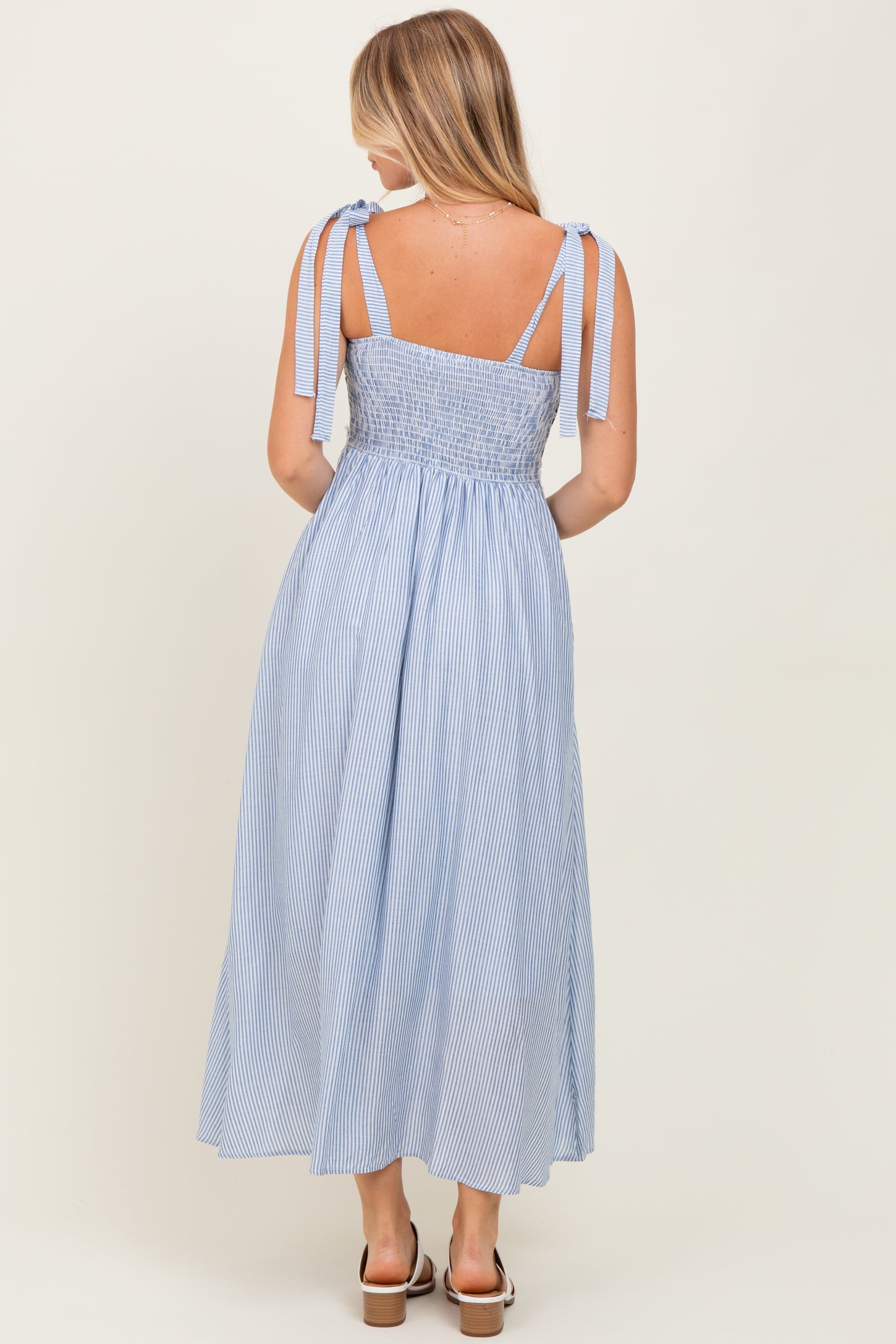 Blue Striped Floral Lace Sleeveless Midi Dress