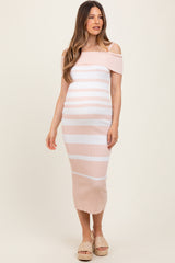 Light Pink/White Striped Off Shoulder Sweater Maternity Maxi Dress