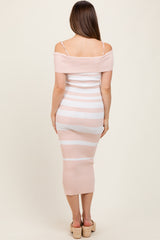 Light Pink/White Striped Off Shoulder Sweater Maternity Maxi Dress