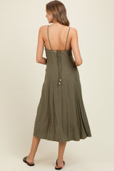 Olive/White Linen Striped Maternity Midi Dress