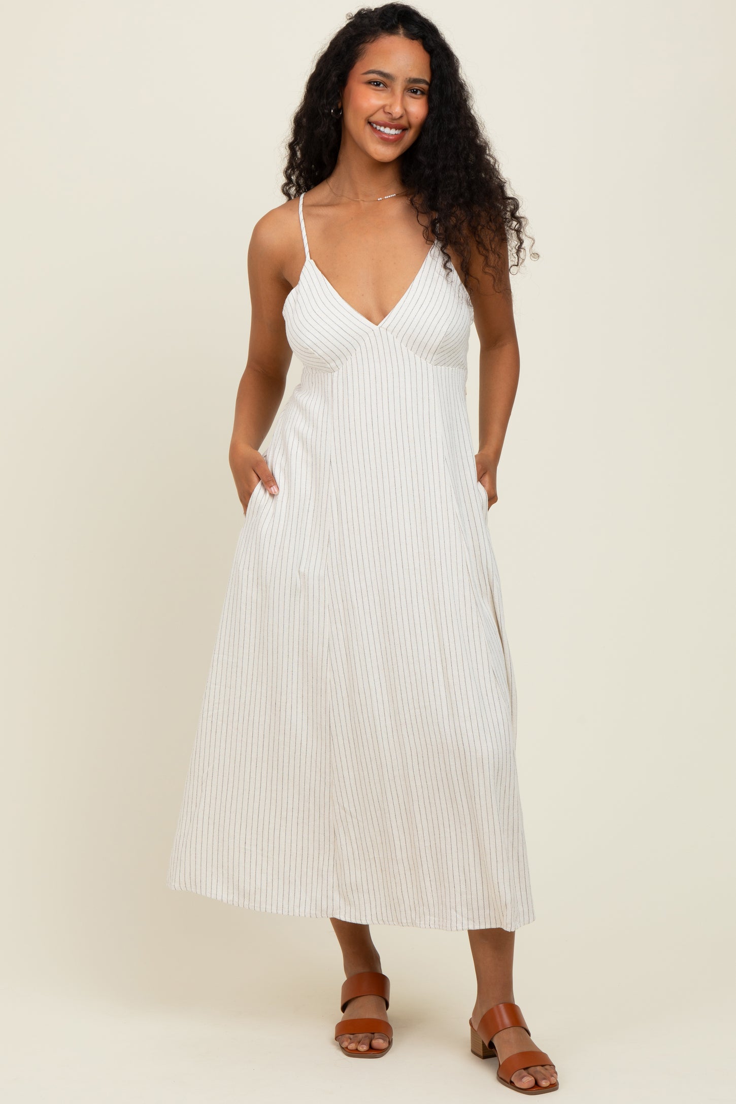 Ivory/Black Linen Striped Midi Dress