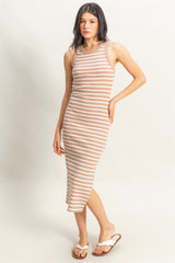Taupe/White Striped Sleeveless Fitted Maternity Midi Dress