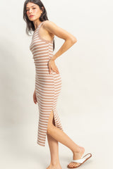 Taupe/White Striped Sleeveless Fitted Midi Dress