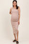Taupe/White Striped Sleeveless Fitted Maternity Midi Dress