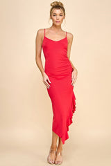 Red Ruched Ruffle Detail Sleeveless Maternity Midi Dress