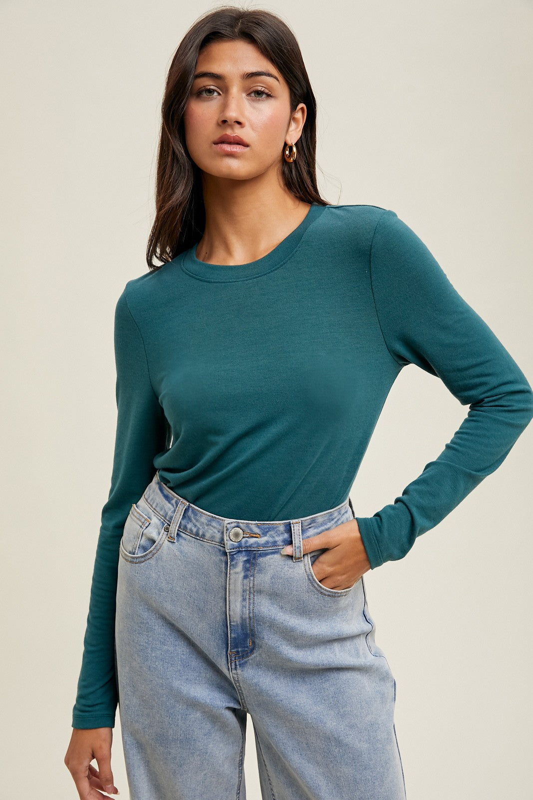 Deep Teal Basic Fitted Long Sleeve Top