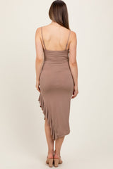 Taupe Ruched Ruffle Detail Sleeveless Maternity Midi Dress