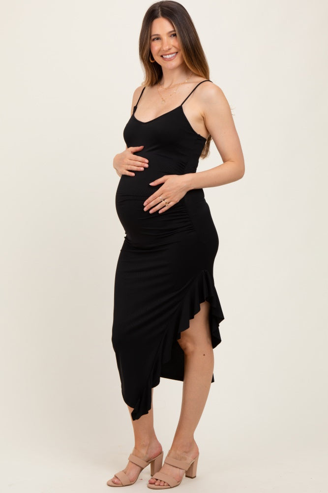 Black Ruched Ruffle Detail Sleeveless Maternity Midi Dress