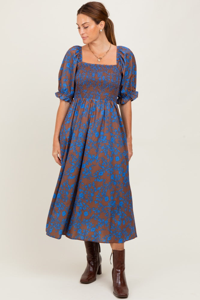 Blue Floral Smocked Puff Sleeve Maternity Midi Dress