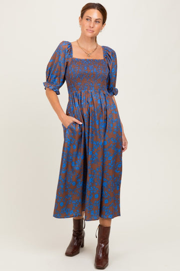 Blue Floral Smocked Puff Sleeve Midi Dress