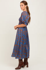 Blue Floral Smocked Puff Sleeve Midi Dress