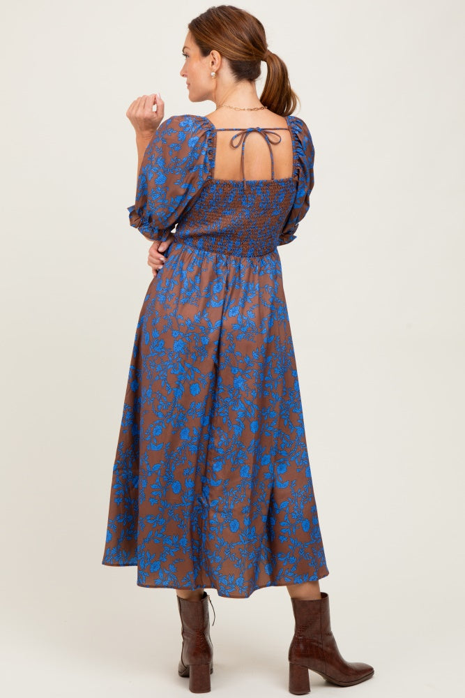 Blue Floral Smocked Puff Sleeve Midi Dress