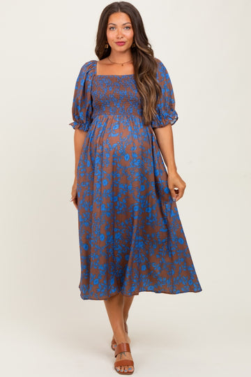 Blue Floral Smocked Puff Sleeve Maternity Midi Dress