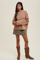 Mocha High Neck Ribbed Knit Sweater