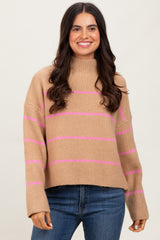 Taupe High Neck Ribbed Knit Sweater