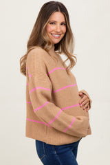 Taupe High Neck Ribbed Knit Maternity Sweater