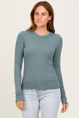 Deep Teal Basic Ribbed Knit Long Sleeve Top
