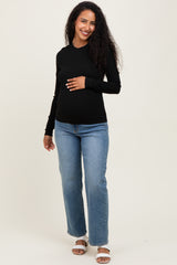 Black Basic Ribbed Knit Long Sleeve Maternity Top