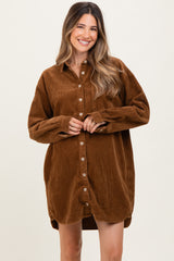 Camel Corduroy Maternity Shirt Mini Dress