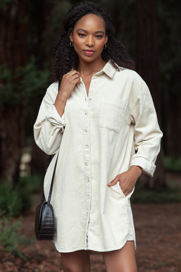 Beige Corduroy Shirt Mini Dress