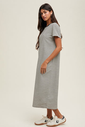 Black Striped Short Sleeve Midi T-Shirt Dress
