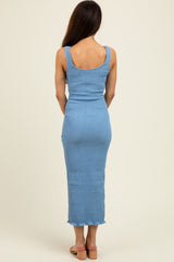 Light Blue Smocked Sleeveless Ruffle Hem Fitted Dress