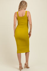 Olive Smocked Sleeveless Ruffle Hem Maternity Fitted Dress