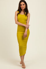 Olive Smocked Sleeveless Ruffle Hem Maternity Fitted Dress