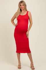 Red Smocked Sleeveless Ruffle Hem Maternity Fitted Dress
