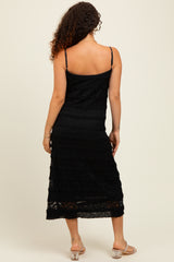 Black Lace Ruffle Trim Tiered Maternity Midi Dress